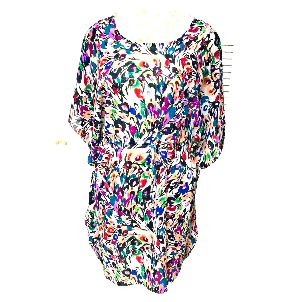 Nicole Miller Kaftan Caftan Dress Abstract Floral Sheer Beachy Fairy Womens L 12